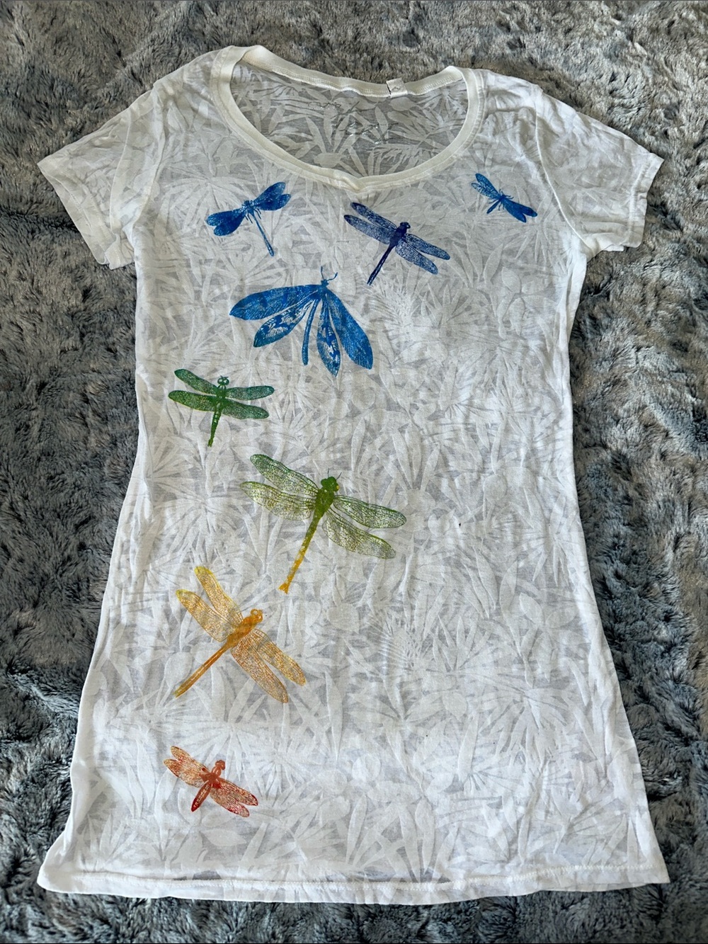 Cache Short Sleeve Tee White with Rainbow Dragonfly Print Size Large